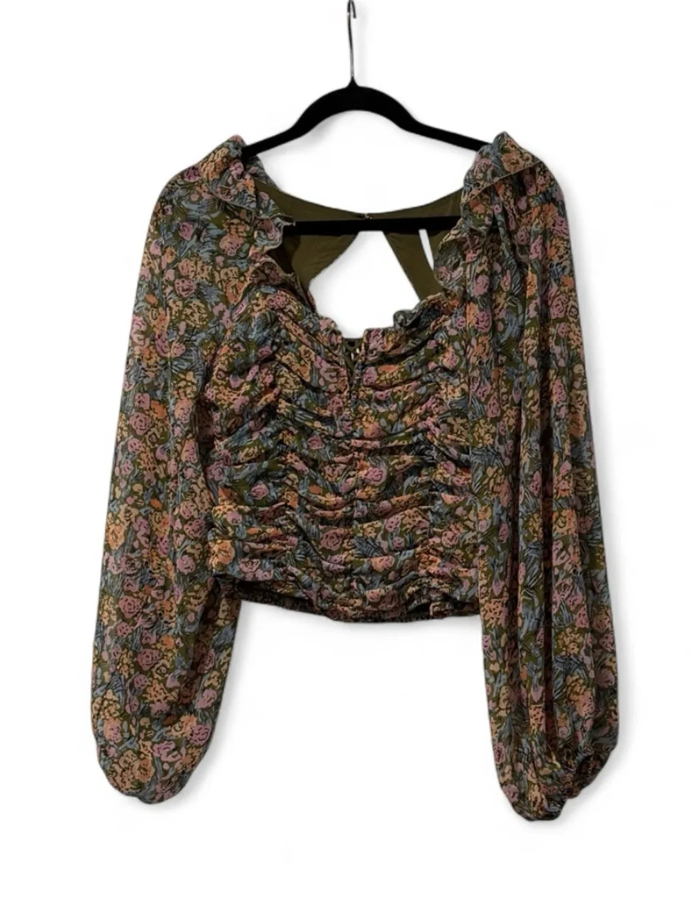 Boho Free People Olive Floral Ruched Crop Top Open Back Balloon Sleeve Size S